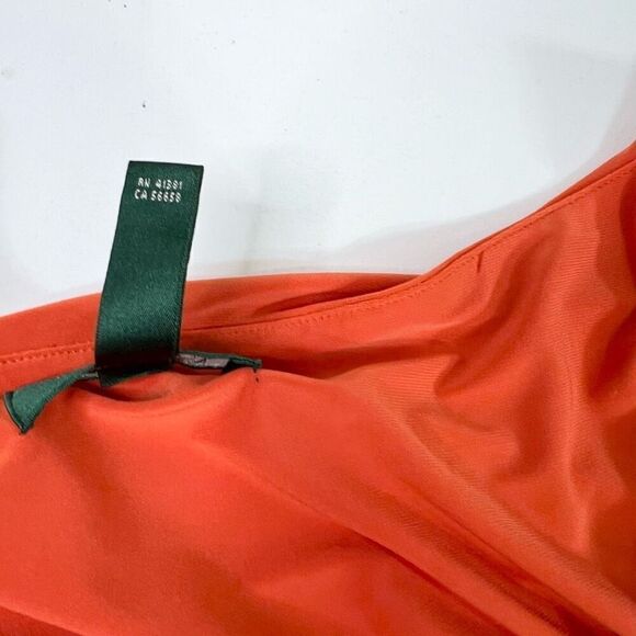 Lauren Ralph Lauren Midi Dress Womens 14 Red Stretch Drapered Neck Ruched Side - Picture 6 of 9